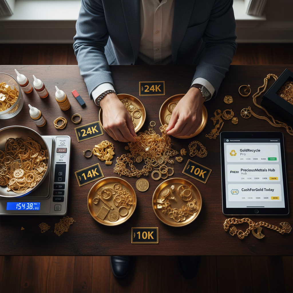 Assorted gold jewelry laid out for valuation